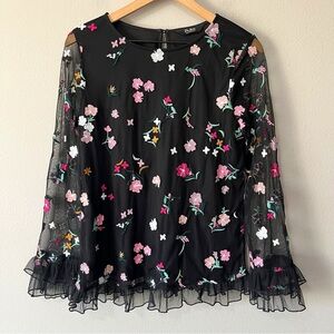 Du Jour Black Floral Embroidered Mesh Long Sleeve Ruffle Blouse Size XS